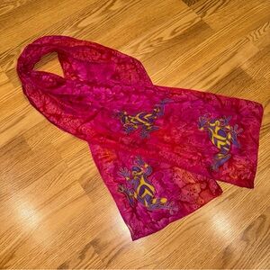 Fuchsia Wearable Art Rectangular‎ Scarf painted frogs 100% Silk 60” x 10”